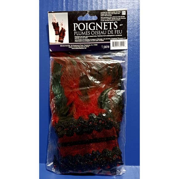 Firebird Feather Wrist Cuffs Red Black Sequin Trim Feather (cuffs not gloves) - Picture 2 of 4